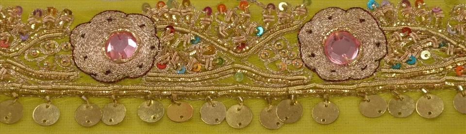 Sanskriti Vintage Sari Borde Cuentas Artesanales Borde Lentejuelas Encaje 1 Yarda Verde Foto 4 de 4