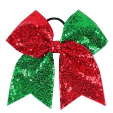 Red Green Bow Hair Tie for Girls Large Cheer Bow Sequins Ponytail Holder
