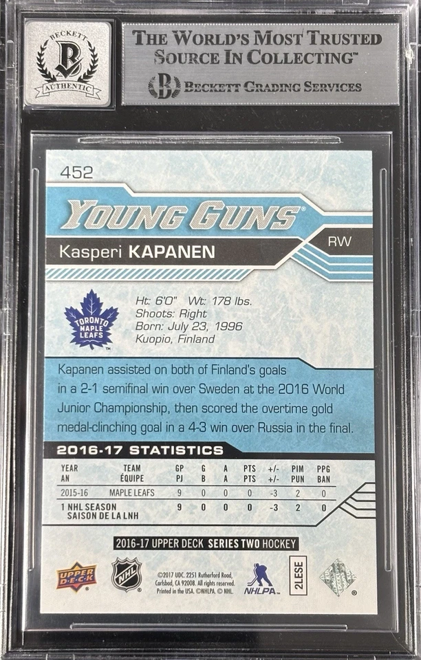 Kasperi Kapanen Signed 16-17 UD Young Guns #452 RC BAS Autograph Grade 10 Card - Image 2 of 2