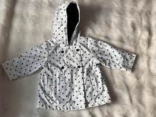 Jacadi Girls Button Front Hooded Ladybug Rain Coat Blue White Polka Dot