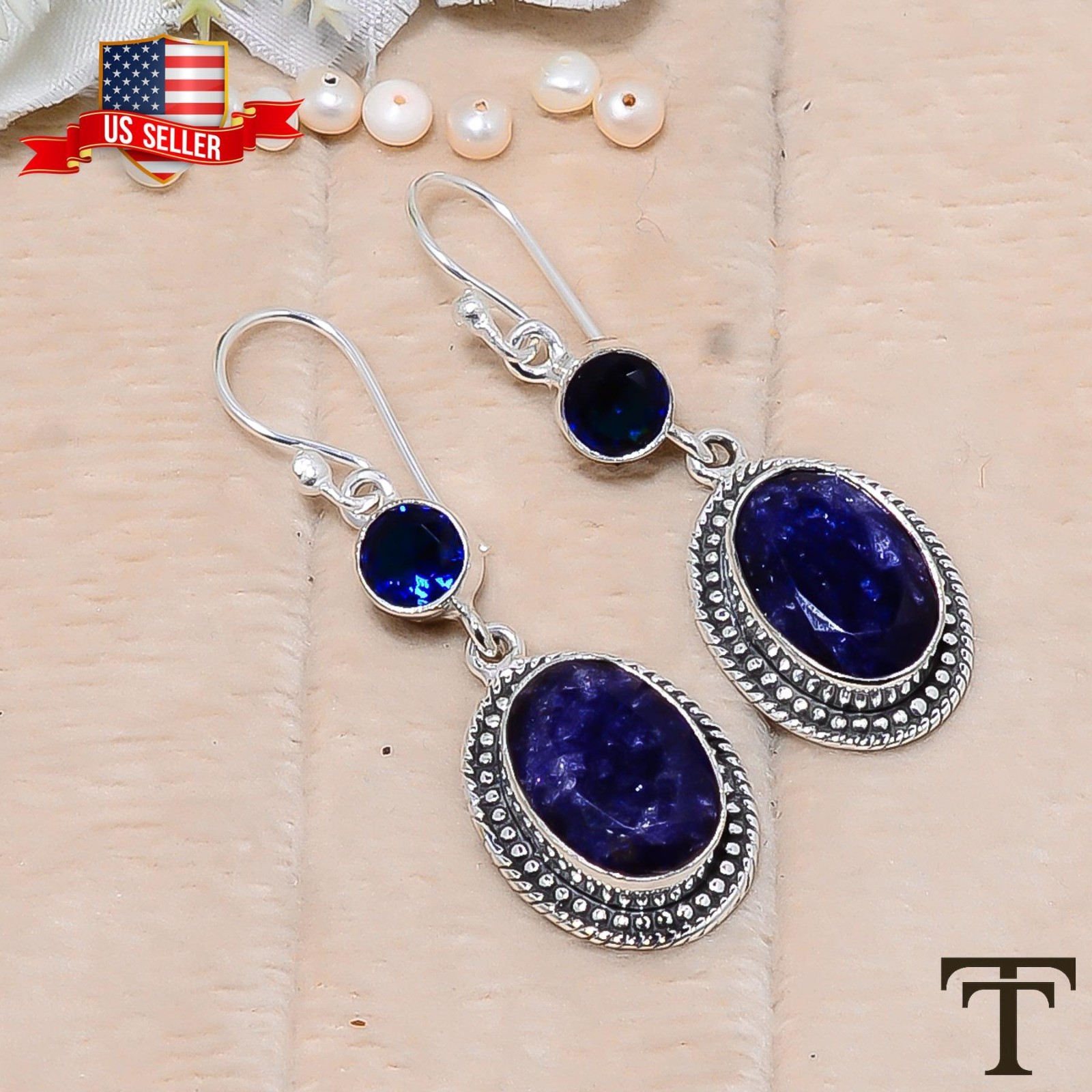 925 Sterling Silver Lab BLUE SAPPHIRE Stone Engagement Drop Dangle Hook Earrings