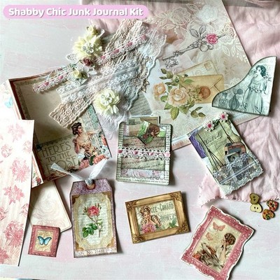 20pc Shabby Chic Junk Journal Making Kit, Handmade Ephemera, Cards, Lace Pockets