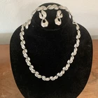 Vintage Trifari 3 Piece Silver tone Jewelry, Necklace Bracelet Clip on Earrings