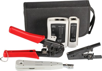 Werkzeugset Netzwerktechnik RJ45 RJ12 Crimpzange Tester LSA 4-teilig weiß