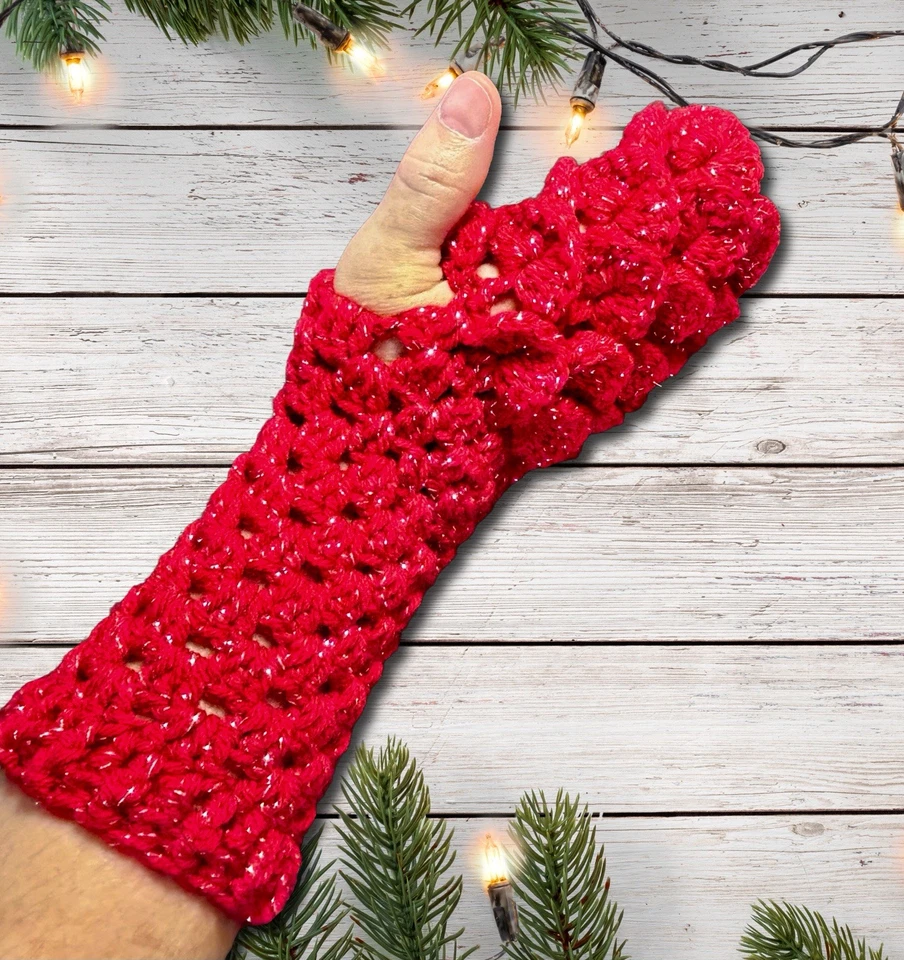 Guantes sin dedos escala dragón ganchillo, guantes sirena rojo brillante Foto 3 de 4