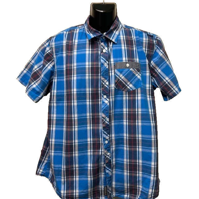 Ecko Unltd Button Up Mens Shirt 2XL XXL Blue Red Plaid Short Sleeve 50