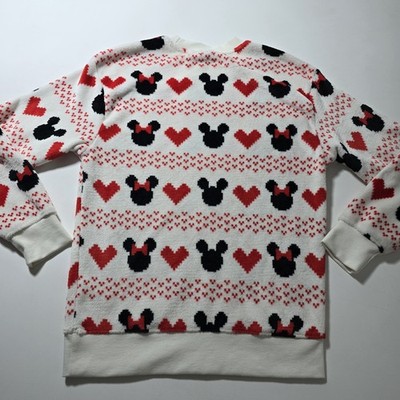 Disney Women s L Mickey & Minnie Mouse White Red Black Heart Print Fuzzy Sweater