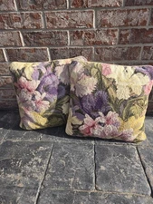 Vintage Pair Of Floral Wool Needlepoint Throw Pillows Velvet Back 12x12" READ!