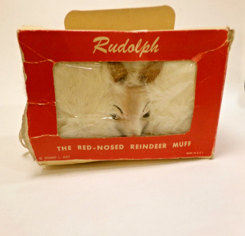 RARE - ANTIQUE CHILDS Rudolph Reindeer Fur Hand Muff - Montgomery Ward w/ BOX