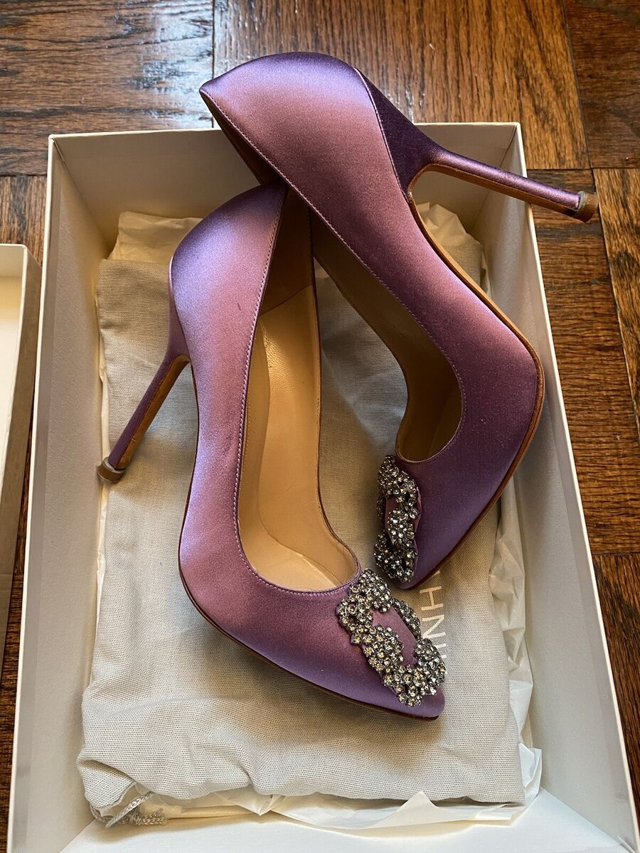 Manolo Blahnik Hangisi Purple Satin Jewel Buckle Pumps, 35 Manolo Blahnik Hangisi Purple Satin Jewel Buckle Pumps, 35
