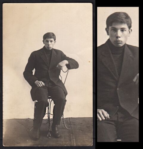 GOTH ALL-BLACK FASHION BADASS BEBE FACE GANGSTER MAN ~ 1900s RPPC PHOTO gay - Zdjęcie 1 z 2