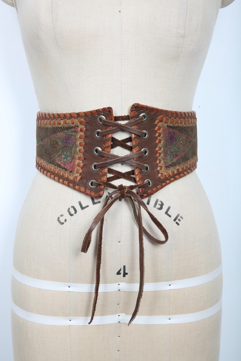 Vintage 70s Char Leather Hand Painted Lace Up Belt Boho  display picture 3