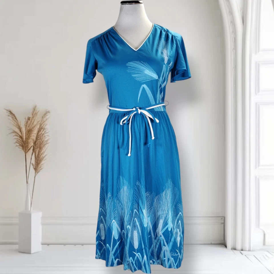 Vestido midi vintage años 70 Shaheen estampado de bordes talla S manga acampanada bolsillos de trigo Foto 2 de 4