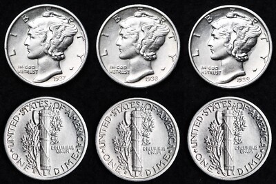 1937-S & 1938-S & 1939-S Mercury Silver Dime Nice AU 3 Coin Lot FREE SHIPPING