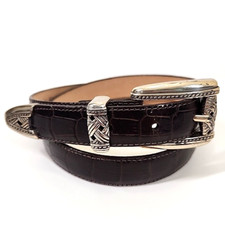 Brighton Croc Embossed Leather Belt Womens M Brown Silver Basketweave Buckle Tip