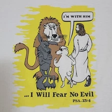 Vintage Jesus Cartoon Shirt I Will Fear No Evil I'm with Him PSA 23:4 Mens XL