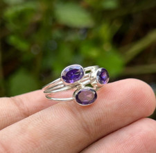 Handmade Three Stone Jewelry 925 Sterling Silver Amethyst Ring All Size SR536