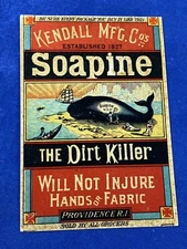 C1885 Victorian Trade Card SOAPINE Whale & Ship AD Kendall Mfg Providence RI