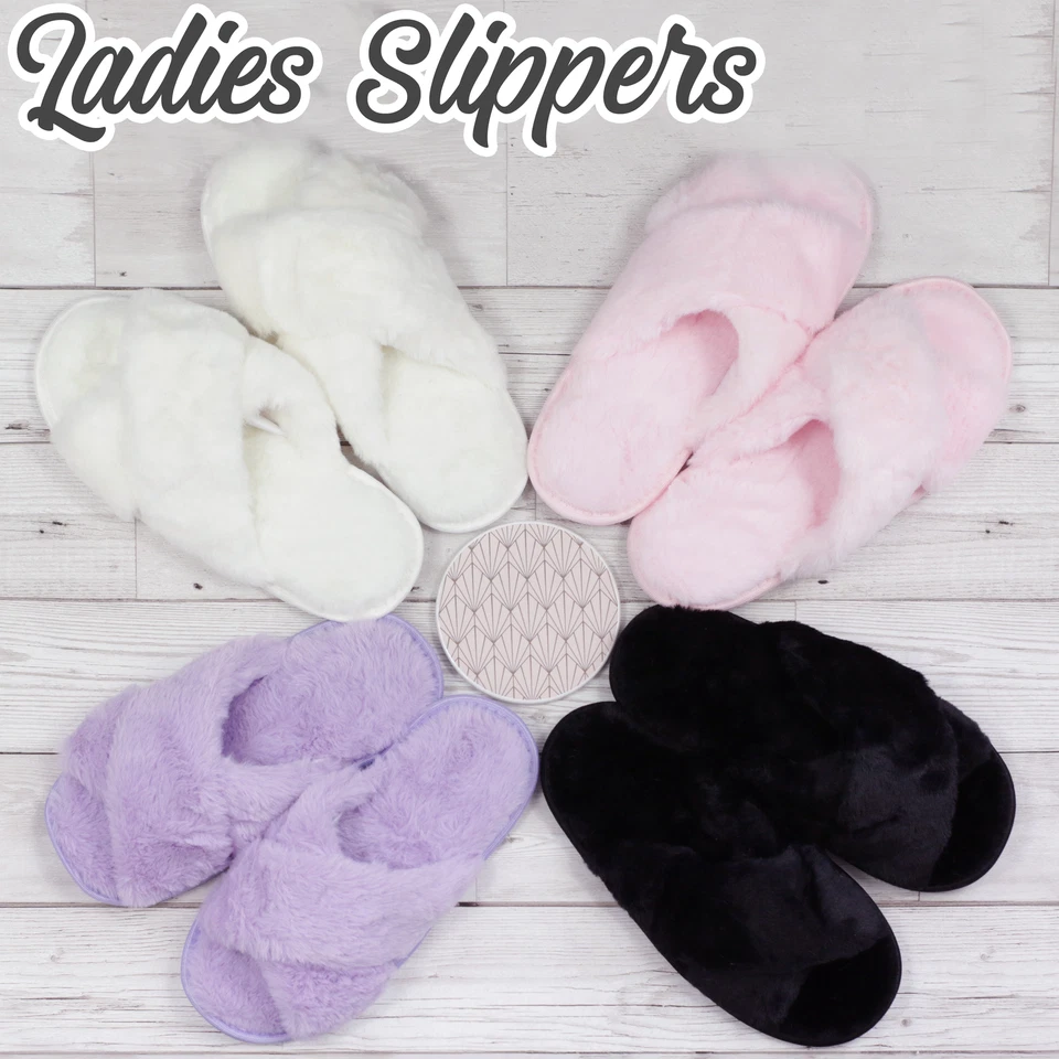 Ladies Womens Slippers Faux Fur Open Toe Black Lilac White Pink Size 3 4 5 6 7 8