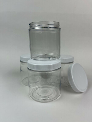 Four 8 oz clear plastic jars with white lids | eBay