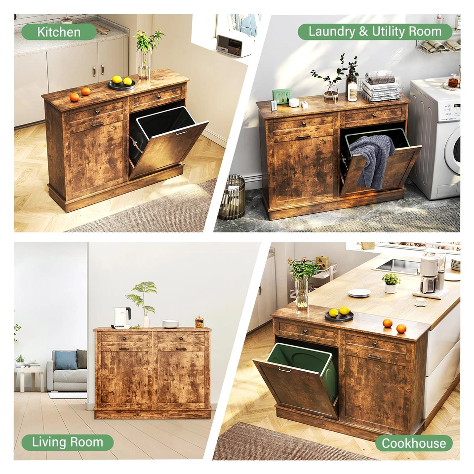 TC-HOMENY Gabinete de basura doble inclinable Clasificador de lavandería Gabinete de almacenamiento de cocina Foto 3 de 4