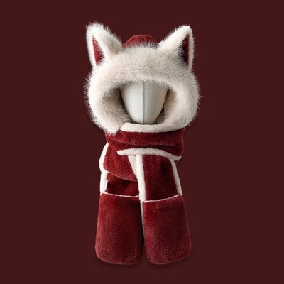 Women's Fox Ear Plush Winter Set - 3-in-1 Hat Scarf Gloves for Outdoor Warm