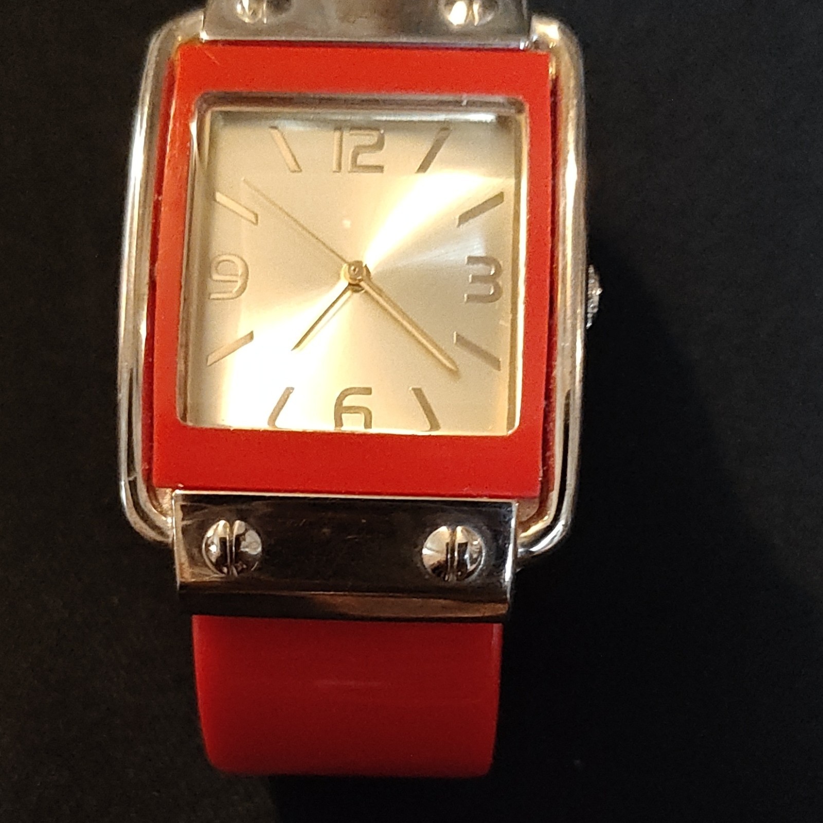 Rectangular Wristwatch Red Bangle Silver Red Case… - image 1