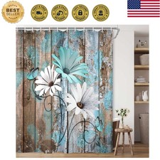Farmhouse Flower Floral Shower Curtain, Rustic Teal Turquoise Daisy Shower Cu...