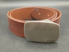 GUESS Full Grain Leather Belt Brown Brushed Silver Buckle Size 30 Vintage Style