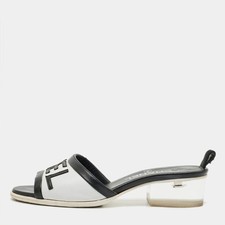 Chanel Size 36 BlackWhite Leather Logo Slide ...