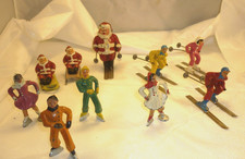 10 BARCLAY CAST METAL FIGURES SKIERS SKATERS SANTA SLED VINTAGE