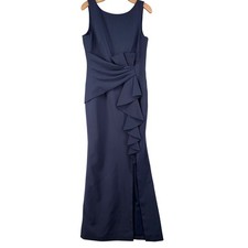 Eliza J Dress Sz 10 Navy Blue Maxi Ruched Ruffle Gown Formal Evening
