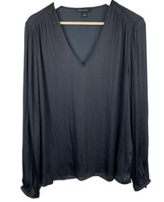 Banana Republic Satin Blouse Size L Long Sleeve V-Neck Women's Smocked Shoulder
