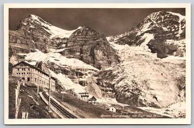 Eigergletscher Station Eiger Mönch Jungfrau Bahn RPPC Postcard Switzerland E137