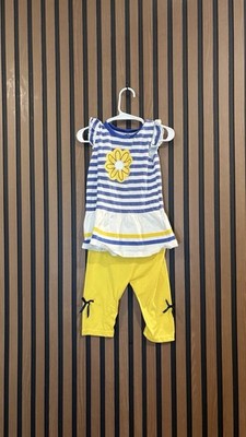Girls 2T Striped Tunic Pant Set Yellow Daisy Ruffle Capri Leggings