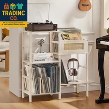 Record Player Stand, White Cream Oak Wood Record Holder with Vinyl Storage Holds