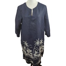 Talbots Womens Medium Blue Linen Tunic Dress Tropical Palm Tree Embroidered Bead