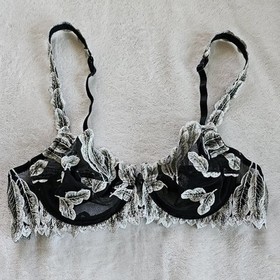 Lise Charmel Bra 36C Black & White Feather Embroidery Unlined Underwire Bralette