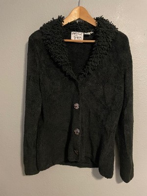 Vintage Michael Simon Cardigan Sweater Womens Medium Black Shaggy Collar 90s