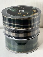 Members Mark Premium Ribbon Wired Edge 50 yards x3 Gold Green Plaid Christmas