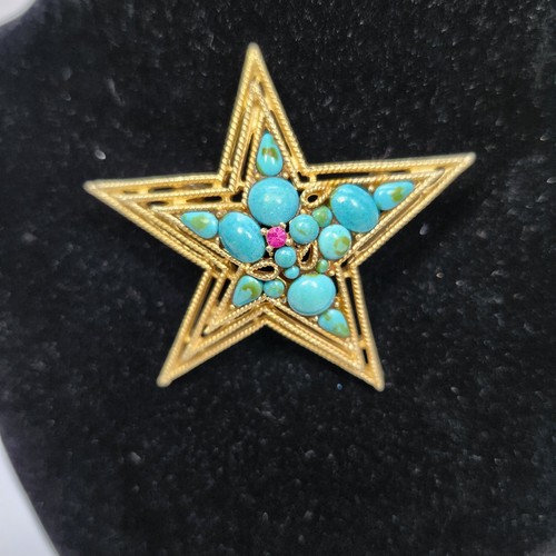Rare Capri Signed Star Brooch Turquoise Cabocons Pink Rhinestone Gold Tone 1950s - Picture 3 of 12