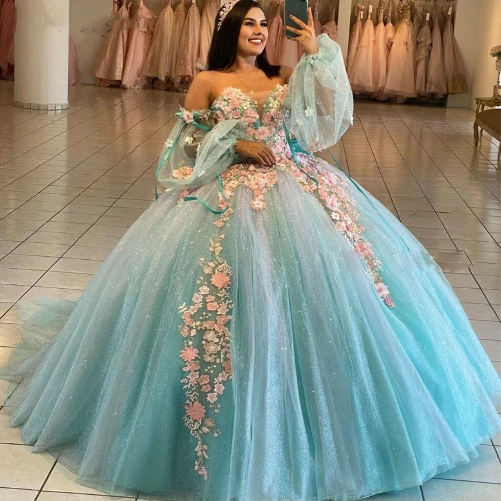 Blue Ball Gown Quinceanera Dresses Off Shoulder Long Sleeve Corset Sweep  Train