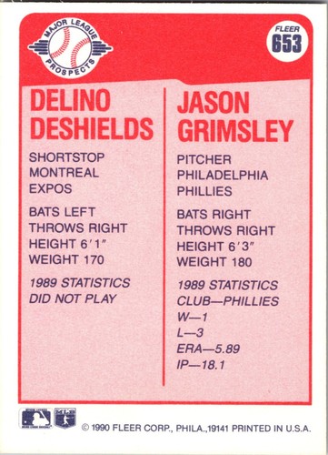 1990 Fleer - Major League Prospects Delino Deshields Jason Grimsley #653 - Picture 2 of 2