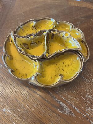 USA Pottery Ccil Style 3 Piece Gold, Brown Yellow Ceramic Serving Dish Turntable