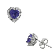 .925 Sterling Silver Love Heart Violet Purple White Crystals CZ Stud Earrings