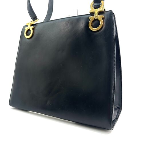 Salvatore Ferragamo Shoulder Bag Tote Bag Double Gancini Leather Black Authentic - Picture 2 of 24