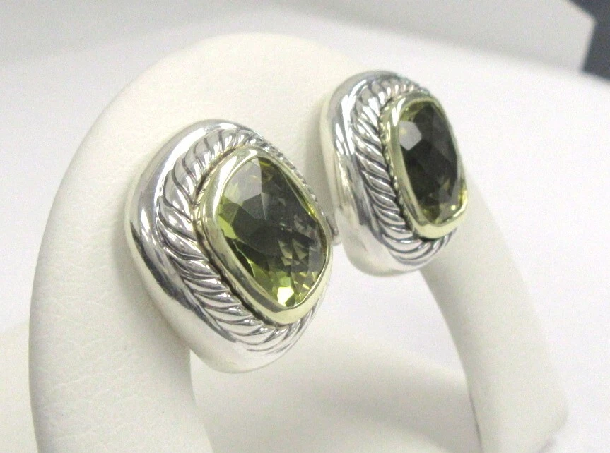 David Yurman 14k Gold and Sterling Silver Albion Lemon Quartz Omega Earrings - Image 2 of 4