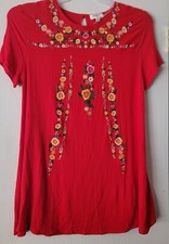 Umgee Red Floral Embroidered Dress Mini Boho Short Sleeve Swing Size Small EUC 