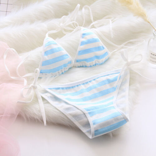Women's Blue White Striped Set Girl Lace Up Bra Low-Waisted Briefs Underwear - Picture 1 of 13