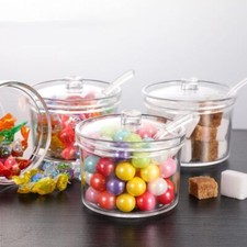Acrylic Plastic Clear Sweet Sauce Sugar Bowl W/Spoon Lid Condiment Jam Container